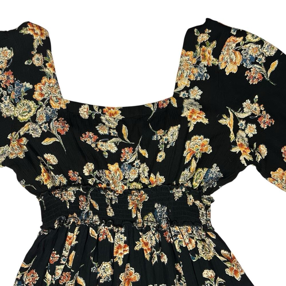 ANGIE Women’s Black Midi Dress Sz L Flowy Boho Floral High Low Smocked Slit - Picture 3 of 16